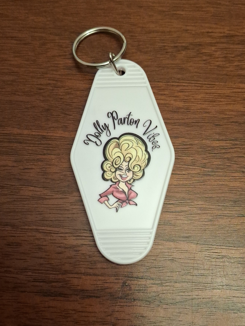 Dolly Partom Vibes 2 Sided White Keychain Pink Accent NWT